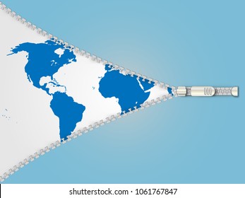 Silver zipper opening the world map background represents concept of travelling and global connection. Vector zipper design template. Blue zip background. Business concept. Vector illustration. 