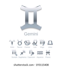 Silver Zodiac Symbol Icons isolated on white background. Vector illustration