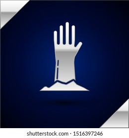 Silver Zombie hand icon isolated on dark blue background. Arm monster dead. Happy Halloween party.  Vector Illustration