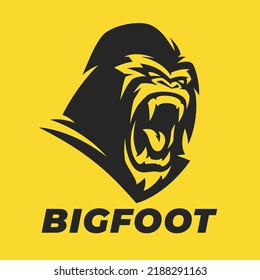 Silverback Gorilla scream logo. Angry bigfoot icon. Yeti symbol. Sasquatch emblem. Mythical cryptid ape creature face. Vector illustration.
