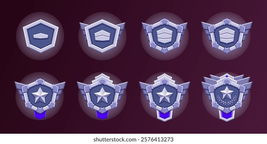 Silvered level game level badges set. 8 Realistic vector of silver hexagon with level progress symbol. Realistic flat design. Metallic style. Progress and awards.