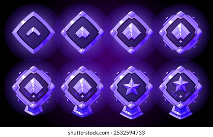 Silvered level rank symbols set. Military badges patent for games. Realistic vector with stars, gemstones and ribbon.