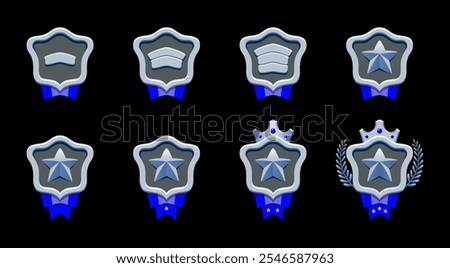 Silvered progress rank badges set. Silver level achievements. Realistic metallic style. Star, patent, crown, blue ribbon, laurel. Perfect for fantasy and adventure games.