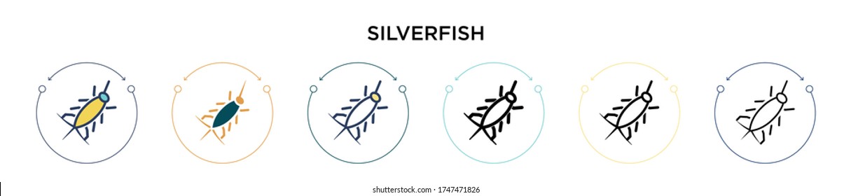 Silverfish icon in filled, thin line, outline and stroke style. Vector illustration of two colored and black silverfish vector icons designs can be used for mobile, ui, web