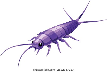 silverfish scurrying across paper sheet three-quarter view full body, household insect, vector illustration