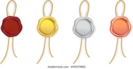 Silver,gold,bronze and red quality guarantee stampwi with rope.Vector illustration of the wax luxury seal.Design element.