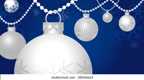 Silver-gray Christmas tree balls hanging on pearl chain on deep blue background