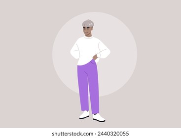 A silver-haired gender neutral figure stands confidently, dressed in trendy purple pants and a crisp white top