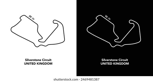 Silverstone Circuit for autosport and motorsport. Isolated editable vector illustration on white and black background