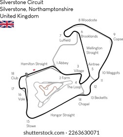 "Silverstone Circuit" in Silverstone, Northamptorshire, United Kingdom. Vectorial art circuit with real asphalt limits, turns and turn names. Car racetrack and formula version. British GP.