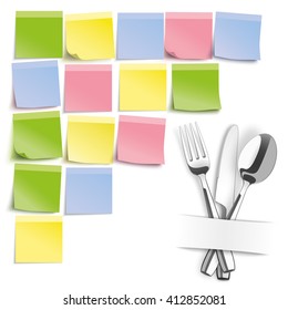 Silverware with colored stickies on the white background. Eps 10 vector file. 