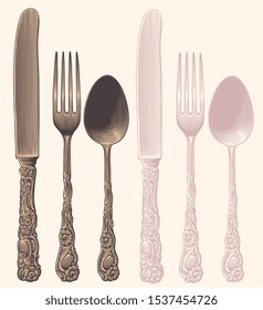 Silverware. Design set. Hand drawn engraving. Editable vector vintage illustration. Isolated on light background. 8 EPS 