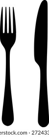 Silberbesteck-Gabel- und Messersymbol, Restaurant-Essbesteck-Symbol, Küchenutensilien zum Essen und Essen, minimalistische schwarze Vektorgrafik, einzeln auf weißem Hintergrund.