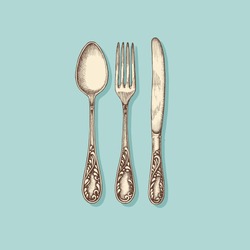 Серебряная посуда: вилка, нож и ложка - винтажная гравировка иллюстрации