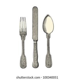 Silverware: fork, knife and spoon - vintage engraved illustration - Grammaire des arts dÃ?Â©coratifs - ed. H.Laurens - Paris 1880
