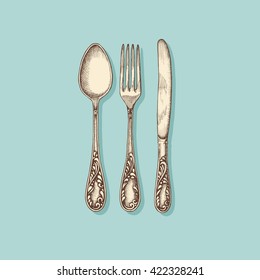 Silverware: fork, knife and spoon - vintage engraved illustration