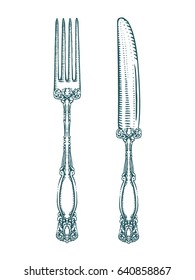 Silverware fork and knife. Vintage engraved vector illustration isolated on white background.