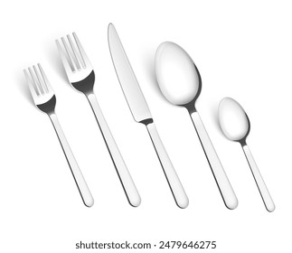 Cuchara de tenedor de plata cubertería aislado de metal de Vector. Cuchillo de acero de plata de cocina vajilla