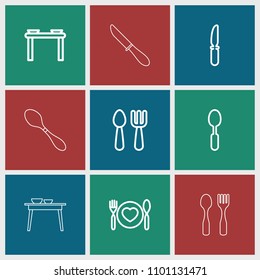 Silverware icon. collection of 9 silverware outline icons such as fork and spoon, spoon. editable silverware icons for web and mobile.