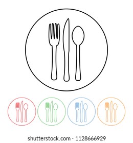 Silverware icon with fork knife and spoon in a thin line style vector silverware symbol with four color variations