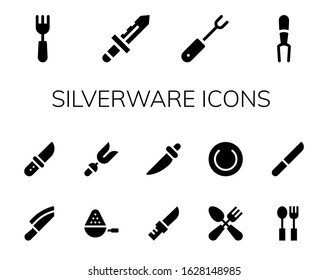 silverware icon set. 14 filled silverware icons.  Simple modern icons such as: Fork, Knife, Spoon, Cutlery, Plate