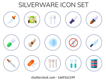 silverware icon set. 15 flat silverware icons.  Simple modern icons such as: knife, fork, dinner, cutlery, plate, plates