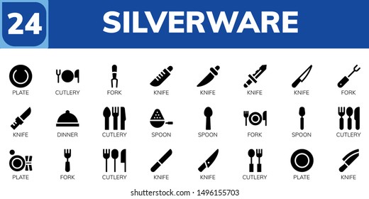silverware icon set. 24 filled silverware icons.  Simple modern icons about  - Plate, Cutlery, Fork, Knife, Dinner, Spoon