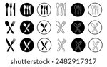 Silverware icons. Fork, knife, plate and spoon. Menu symbol. Black silverware icon. Vector illustration.