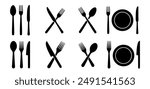 Silverware icons. Fork, knife, plate and spoon. Menu symbol. Black silverware icon. Vector illustration.