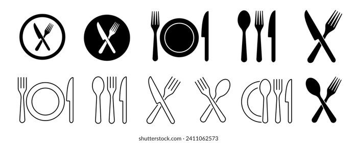 Silverware-Symbole. Gabel, Messer, Teller und Löffel. Menüsymbol. Schwarzes Silverware-Symbol. Vektorgrafik.