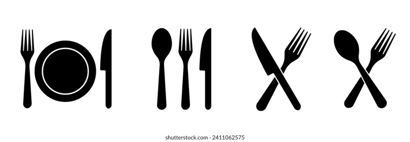 Iconos de Silverware. Horquilla, cuchillo, plato y cuchara. Símbolo del menú. Icono de plata negra. Ilustración vectorial.