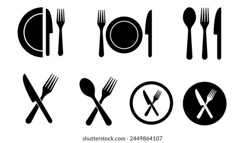 Silverware icons. Fork, knife, plate and spoon. Menu symbol. Black silverware icon. Vector illustration.