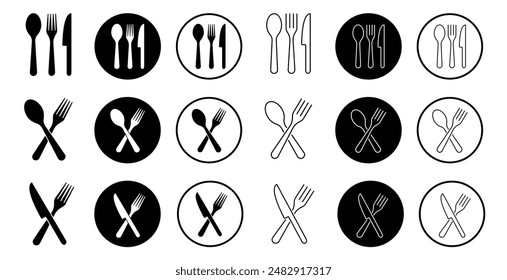 Silverware icons. Fork, knife, plate and spoon. Menu symbol. Black silverware icon. Vector illustration.