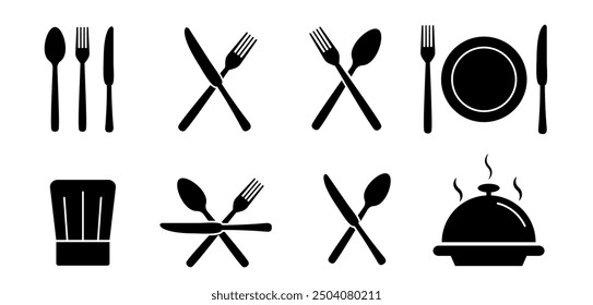 Iconos de plata. Tenedor, cuchillo, plato y cuchara. Símbolo de menú. Icono de plata negro. Ilustración vectorial.