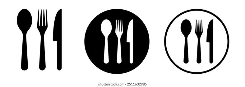 Ícones do Silverware. Garfo, faca, prato e colher. Símbolo de menu. Ícone de prataria preto. Ilustração vetorial.