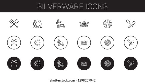 silverware icons set. Collection of silverware with fork, plate, setting the table, dinner, knife, spoon. Editable and scalable silverware icons.