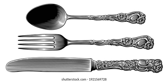 Silverware. Knife, Fork, Spoon. Design set. Art detailed editable illustration. Vector vintage engraving. Isolated on white background. 8 EPS