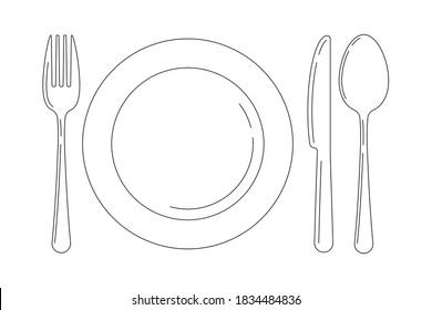 Silverware Line Art Icon Set Isolated On White Background. Top View Lineart Cutlery - Fork Knife Spoon And Serving Plate Design Template. Vector Flat Design Outline Style Logo Illustration.