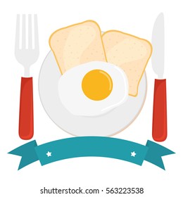 silverware and plate with egg and loaf and decorative ribbon over white background. colorful design. breakfast food concept. vector illustration