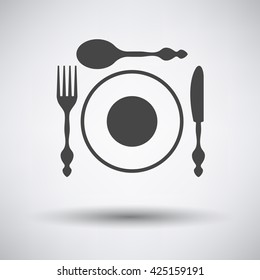 Silverware and plate icon  on gray background with round shadow. Vector illustration.