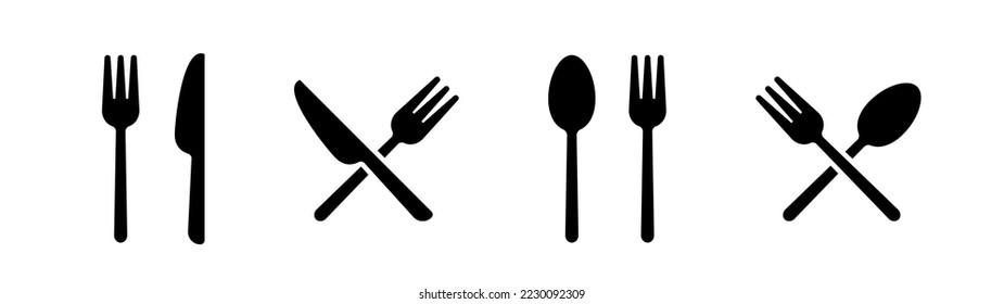 Silverware solid monochrome icon set. Fork, Spoon and Knife icons.