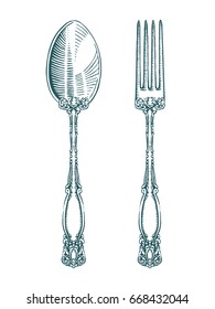 Silverware spoon and fork. Vintage engraved vector illustration isolated on white background.