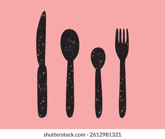silverware spoon, tablespoon and teaspoon, fork and knife textured grunge icon silhouette set. . Vector illustration