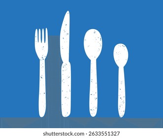 silverware spoon, tablespoon and teaspoon, fork and knife textured grunge icon silhouette set. . Vector illustration