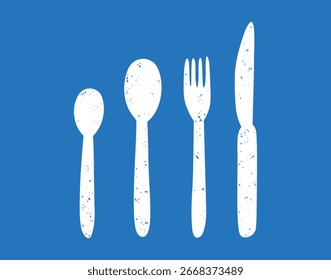 Cuchara de plata, cucharada y cucharadita, tenedor y cuchillo con textura grunge icono silueta conjunto. . Ilustración vectorial