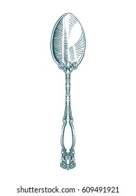 Silverware spoon. Vintage engraved vector illustration isolated on white background.