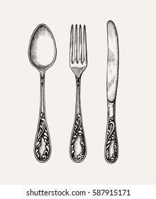 Silverware. Vintage spoon, fork and knife.