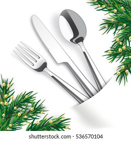 Silverware with white napkin and green fir twigs on the table. Eps 10 vector file.
