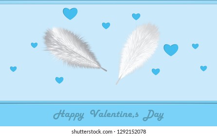 Silvery bird feathers on a blue background with hearts - illustration, vector. Happy Valentine's Day.