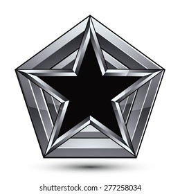 Silvery blazon with pentagonal black star, can be used in web and graphic design, clear EPS 8 vector. Heraldic silver symbol, 3d coat of arms. 